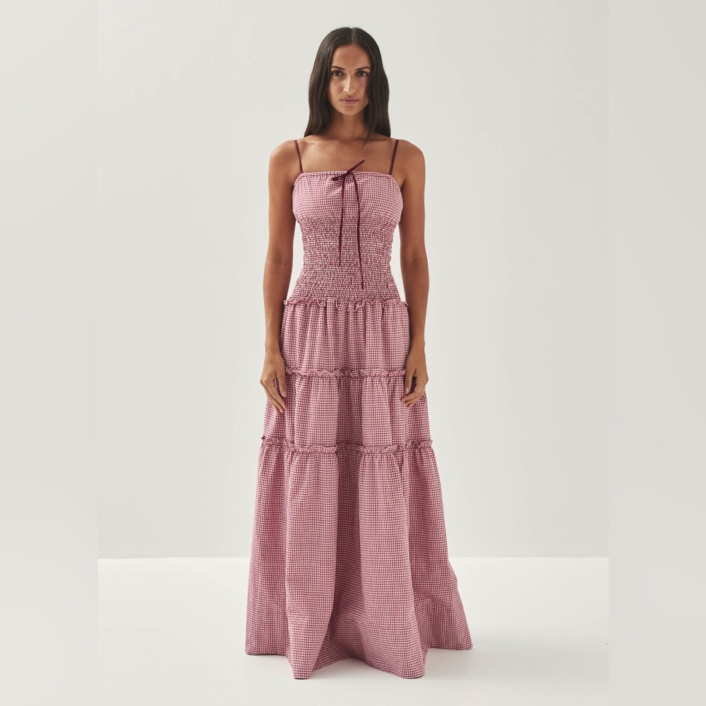 NWT ALOHAS Masami Burgundy Gingham Tiered Maxi Dress